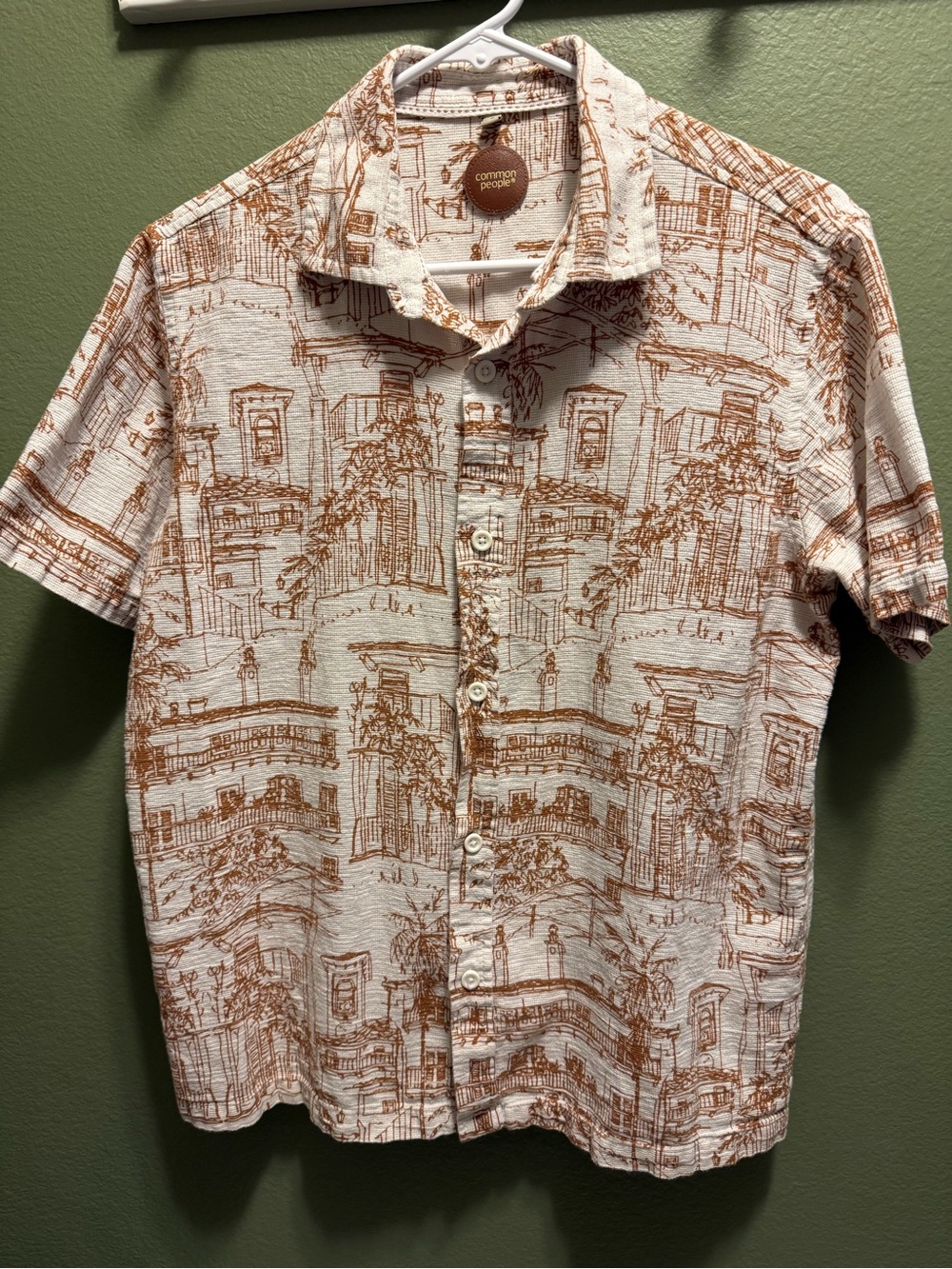 Common People 100% Cotton Men's Short-Sleeve Printed Shirt in Cream and Brown